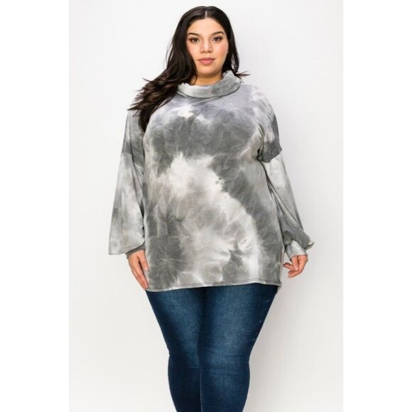 krazyresalelady Tops - NWOT Grey White Turtleneck Tie Dye Print Bubble Sleeve Sweater Top Sizes 3X